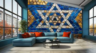 Decorative mosaic Jewish religion symbol star of David,  blue white and gold colors. Rosh Hashanah, Jewish New Year holiday or Hannukah greeting card concept. Generative ai Wall mural