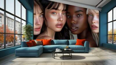 Diverse Group of Beautiful Young Multiracial Women Staying Together. Females Circle, retreat concept. Generative ai Wall mural