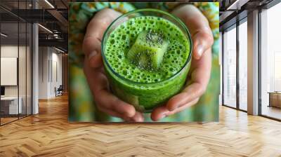 Fresh green avocado kiwi almond smoothie in children's hands on blurred natural background. Health, vitamins and  healthy lifestyle concept. Generative ai Wall mural