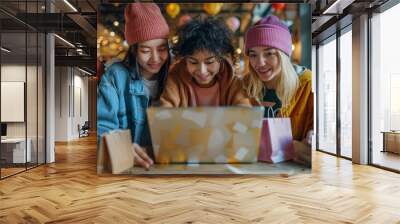 Group of happy multiracial teenagers Friends  have shopping online. Generative ai Wall mural