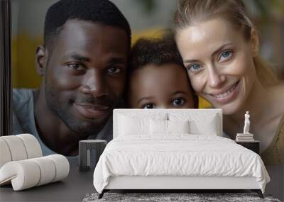 Happy smiling diverse family, multicultural multiracial adult couple, caucasian woman and African american man with little child. Concept of mixed marriage and family. Generative ai Wall mural