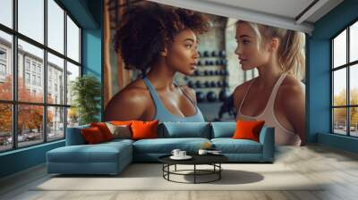 Intense Workout Session at Gym: Two Focused Women Exercising. Generative ai. Wall mural