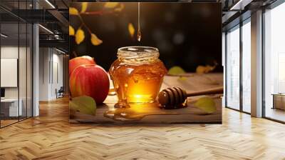 Rosh Hashanah, Jewish New Year Autumn Holiday Concept. Apples, Honey, Pomegranate, Traditional Products for Celebration on wooden background, copy space. Generative ai Wall mural