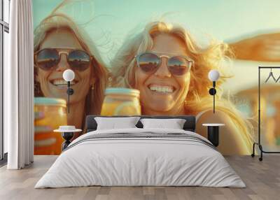 Two happy mature female friends drinking cocktails at a summer festival on the beach. Generative ai Wall mural