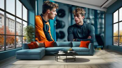 Two Young Men in Athletic Wear Discussing Training in Modern Gym - Fitness, Exercise, and Sportswear Concept. Generative ai Wall mural