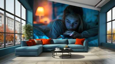 Very sad teenage girl looking at her smartphone. Teenager checking her smartphone at night. Teen scrolling through social media on her phone screen. Internet addiction in kids. Generative ai Wall mural