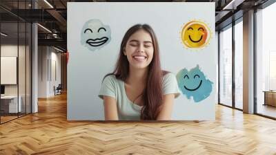 Young happy woman select positive emotion. Mental health positive thinking and growth mindset concept. World mental health day. Generative ai Wall mural