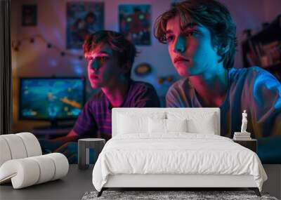 Young Teenagers Gamers Engrossed in Intense Video Game Session at Night. Generative ai Wall mural