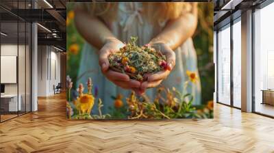 Young woman collects and dries medicinal herbs and flowers on nature sunny background. Herbal alternative medicine for holistic healing, healthy lifestyle concept. Generative ai Wall mural