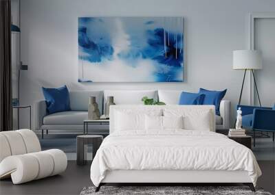 Modern living room with blue accents and white sofa, featuring an abstract painting on the wall above it. Wall mural