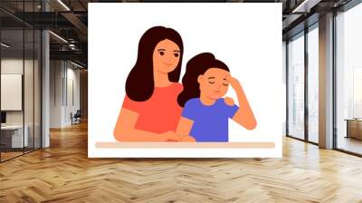 Mother supports and understands sad girl of child, help in family. Hug, love and care for mom and daughter. Vector illustration Wall mural