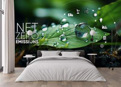 Net zero emission. Fresh green leaf with dew drop symbolizing nature growth  Wall mural