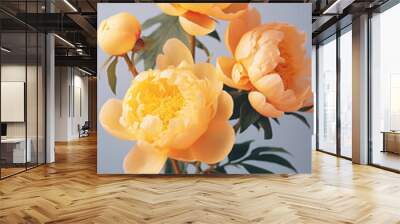 Bouquet of stylish peonies close-up. Yellow peony flowers. Close-up of flower petals. Floral greeting card or wallpaper. Delicate abstract floral pastel background. Greeting card. Generated AI Wall mural