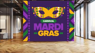 Mardi Gras Carnival in New Orleans. Fat Tuesday. Traditional folk festival with parade and celebration. Annual holiday. Costume masquerade, fun party. Carnival mask. Poster, card, banner. Vector Wall mural