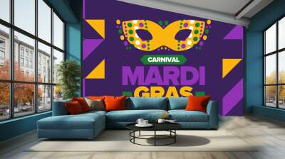 Mardi Gras Carnival in New Orleans. Fat Tuesday. Traditional folk festival with parade and celebration. Annual holiday. Costume masquerade, fun party. Carnival mask. Poster, card, banner. Vector Wall mural