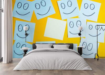 Paper cards with various emoticons on a colored background, banner and place for text. Conceptual image of positive thinking and satisfaction level Wall mural