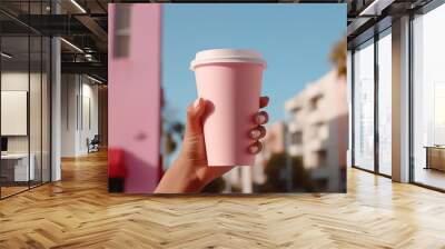 Pink paper cup with coffee in woman hand. Time for drink coffee in city. Coffee to go. Enjoy moment, take a break. Disposable paper cup closeup. Delicious hot beverage. Mockup. Generated AI Wall mural