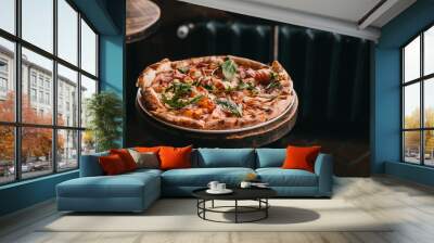 Pizza carbonara on rustic wooden table at the restaurant. Food photography concept. Copyspace Wall mural