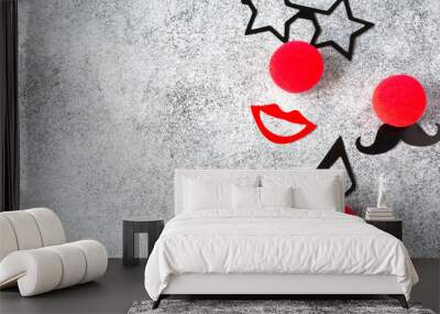 Red Nose Day, red noses with glasses, moustache. Toned deep negative. Wall mural