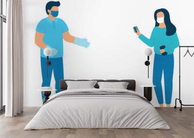 Safe contactless delivery of goods to buyer. Man courier delivered parcel box to woman customer . Coronavirus pandemic concept. Vector illustration Wall mural