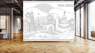 San Diego cityscape in black and white colors. Detailed colored page background. Linear illustration with editable stroke  Wall mural