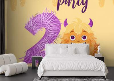 Birthday party invitation card with cartoon monster, hand drawn fluffy number two, and slime. Celebrate a second birthday. Happy birthday and Halloween concepts. Postcard template. Vector illustration Wall mural