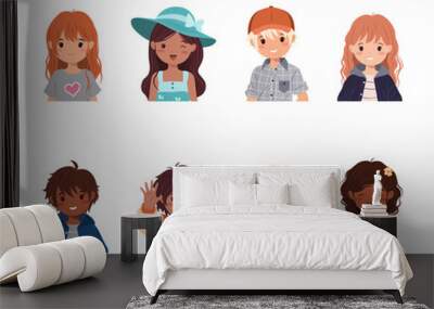 Head portrait set with cute children, funny boys and girls avatars in casual clothes. Preschool and school child characters, isolated flat vector illustration on white background. Wall mural