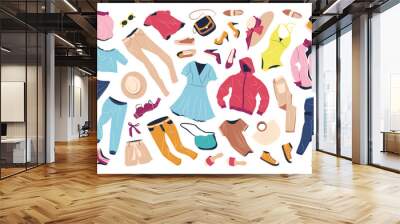 Set of fashion clothes for women. Casual garments and accessories for spring and summer. Jacket, bags, shoes, trousers, dress, hats flying. Flat vector illustrations isolated on white background. Wall mural