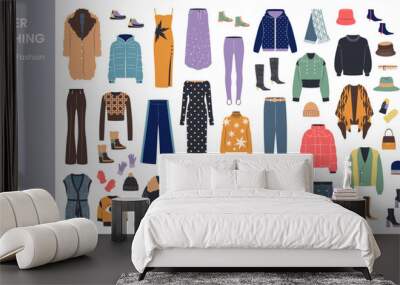 Set of female winter clothing. Flat vector art. Wall mural