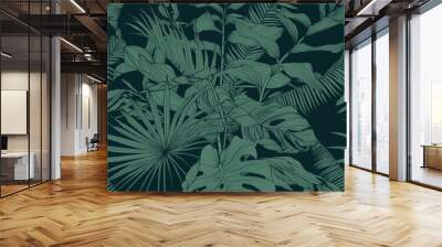 Seamless pattern background with Solomon's seal (Polygonatum multiflorum), palms, monstera leaf drawing illustration. Exotic tropical line illustration. Wall mural