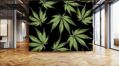 Seamless pattern of cannabis plant. Legal Medicine Cannabis Marijuana Illustration. Black background. Wall mural