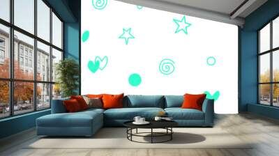 Seamless pattern of simple vector outline bright green elements stars hearts points circles rounds rings spirals helixes on white background Wall mural