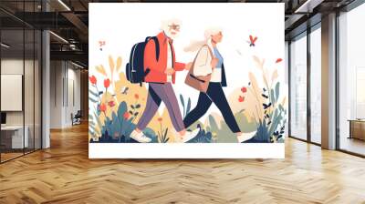 Senior man and woman walk on nature in park. Healthy lifestyle of pair family. An elderly person moves towards longevity and well-being. Vector cartoon illustration Wall mural