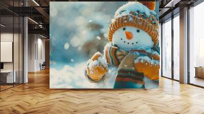 snowman in hat and mittens close-up. place for congratulations Wall mural