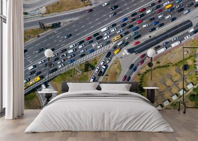 Aerial top view of road junction from above, automobile traffic and jam of many cars, transportation concept
 Wall mural