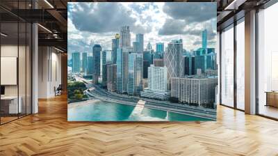 Chicago skyline aerial drone view from above, city of Chicago downtown skyscrapers and lake Michigan cityscape, Illinois, USA Wall mural