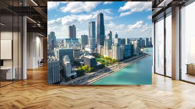 Chicago skyline aerial drone view from above, city of Chicago downtown skyscrapers and lake Michigan cityscape, Illinois, USA
 Wall mural