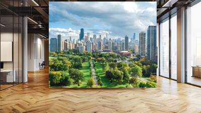 Chicago skyline aerial drone view from above, lake Michigan and city of Chicago downtown skyscrapers cityscape from Lincoln park, Illinois, USA
 Wall mural