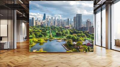 Chicago skyline aerial drone view from above, lake Michigan and city of Chicago downtown skyscrapers cityscape from Lincoln park, Illinois, USA
 Wall mural