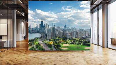 Chicago skyline aerial drone view from above, lake Michigan and city of Chicago downtown skyscrapers cityscape from Lincoln park, Illinois, USA
 Wall mural