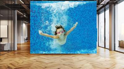 Child in swimming pool, underwater. Kids sport Wall mural