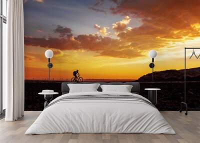 Silhouette of cycling man on bike on beautiful sunset background Wall mural