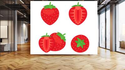 Strawberry full, half and cut food, side and top view. Red berry with vitamins. Summer harvest. Healthy and tasty food. Vector illusdtration Wall mural