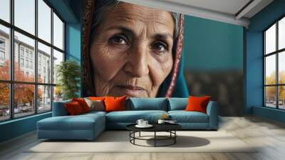 The elderly Afghanistan woman 75 years old gazes thoughtfully into the distance, her face marked by life experiences. She wears a traditional headscarf, set against a rustic background. Generative AI Wall mural