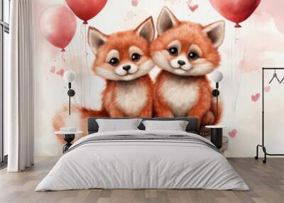 Two cute little foxes with expressive eyes in clouds with balloons,watercolor pencil drawing style Wall mural