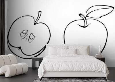 Vector contour drawing of whole and cut in half apple in doodle style. Hand-drawn isolated fruit. Clipart, symbol of harvest, summer, autumn, garden, healthy food, school snack Wall mural