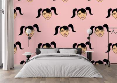 Vector seamless pattern with cartoon face girl or woman with two ponytails. Childish, girlish fun cute texture backdrop Wall mural