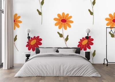 Vector seamless pattern with flowers - stylized chrysanthemums. Illustration in orange, red and green colors. Wall mural