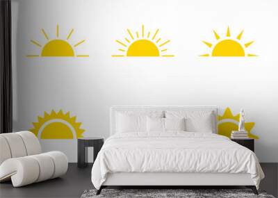 Yellow sun icon, sunshine and sunrise or sunset. Decorative sun and sunlight. Hot solar energy for tan. Vector sign Wall mural