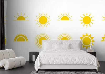 Yellow sun icon set, sunshine and solar glow, sunrise or sunset. Decorative circle full and half sun and sunlight. Hot solar energy for tan. Vector sign Wall mural